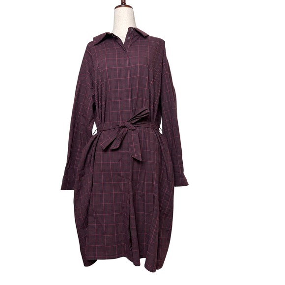 Maison Anana Dresses & Skirts - Maison Anana Womens Burgundy Plaid Cotton Long Sleeve Belted Shirt Dress Size S